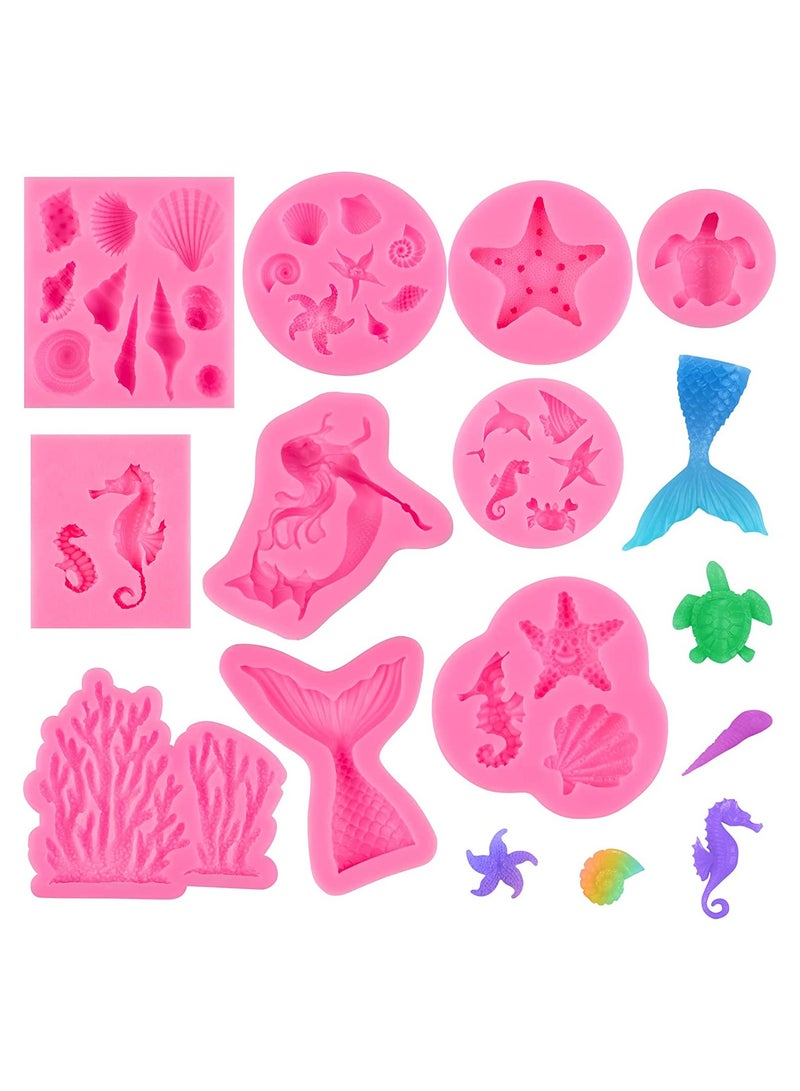 Zikra 10 Pieces Marine Theme Fondant Silicone Molds Mermaid Mermaid Tail Seahorse Tortoise Seashell Baking Molds for Chocolate Candy Cookie - Image 1