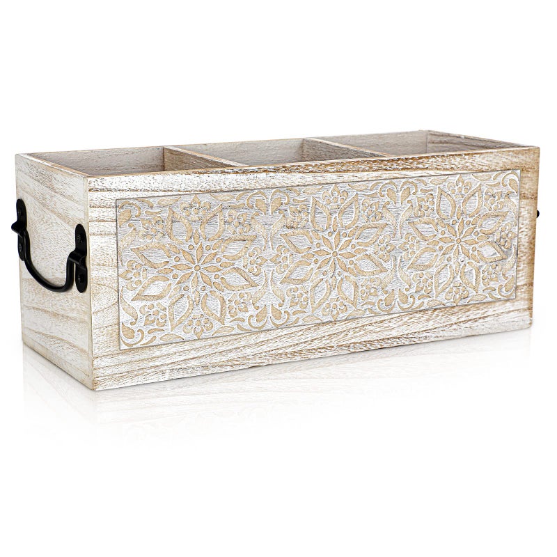 Amyhill Wooden Utensil Caddy for Kitchen Countertop Multi Purpose Wooden Desk Organizer Cutlery Caddy Flatware Silverware Organizer for Office Bathroom Dining Table Gift 3 x 5 x 5 Inch