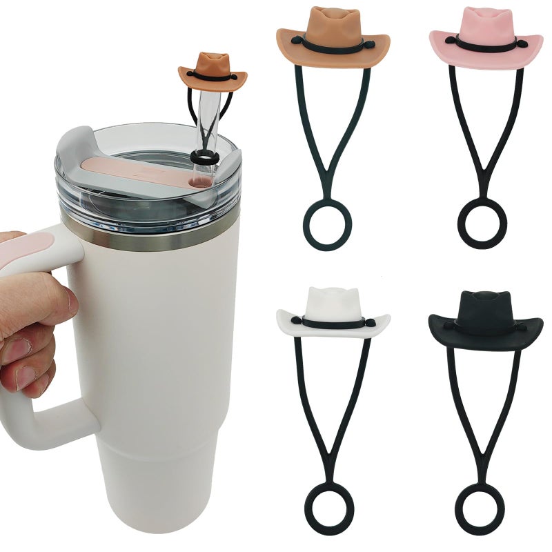 HOMDSG 4 Pack Silicone Cowboy Hat Straw Covers Cap Compatible with Stanley Cup 30 40 oz Cute Funny Tumbler Straw Topper Accessories for Man Woman Christmas Gift