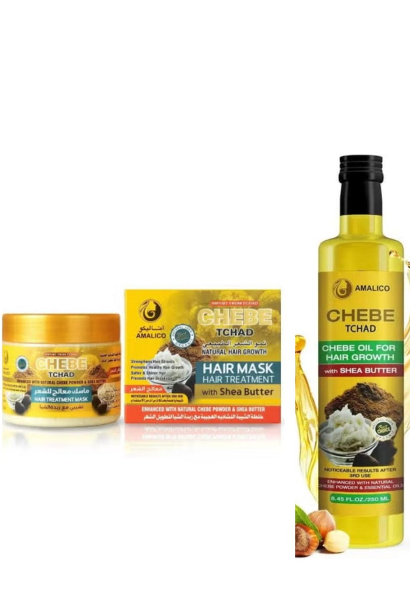 AMALICO Set 2 Pcs African Chebe Powder Hair Growth Oil 250 ml + Hair Growth Mask 200 g for Hair Growth with Shea Butter Ready to Use Sweet Almond, Palm, Olive Oil Deep Scalp Nourishment Sulphate Free
