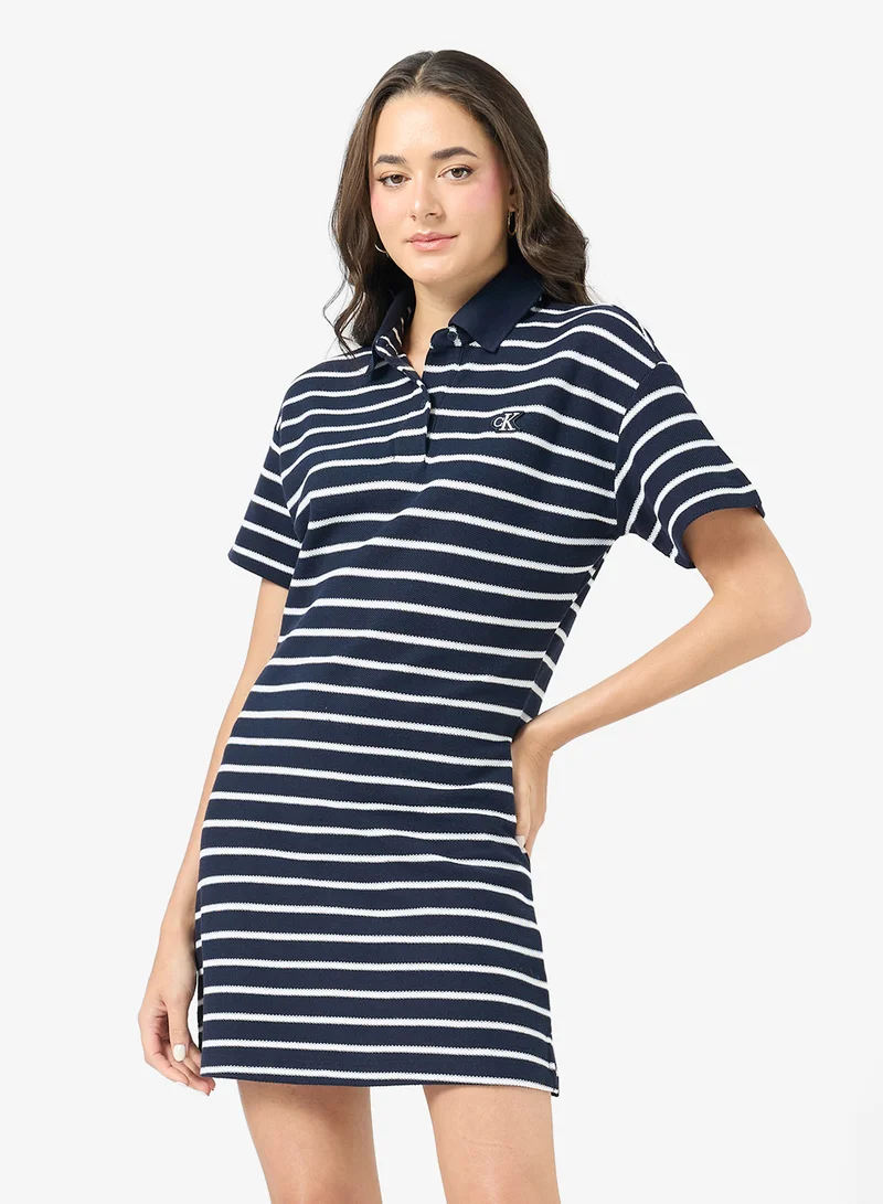Casual Striped Pique Polo Mini Dress