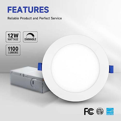 ECOELER 6 Inch Slim Recessed Lighting with Junction Box, Dimmable Recessed Can Lights, 5000K Daylight, 12W 1100Lm Dimmable LED Downlight, ETL & FCC Listed - Image 2