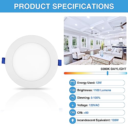 ECOELER 6 Inch Slim Recessed Lighting with Junction Box, Dimmable Recessed Can Lights, 5000K Daylight, 12W 1100Lm Dimmable LED Downlight, ETL & FCC Listed - Image 4