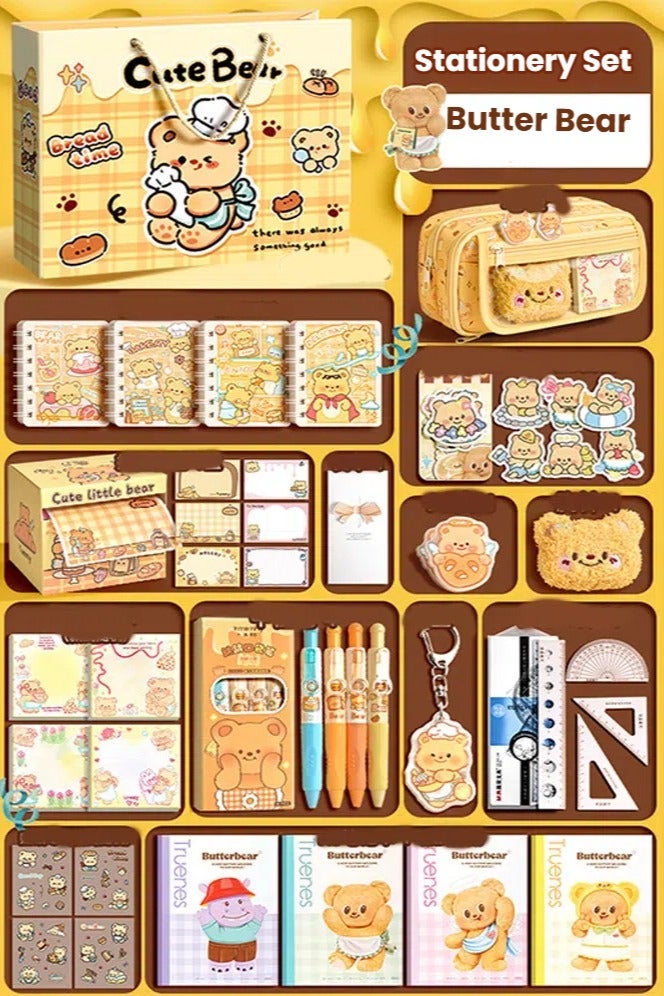 general Butter Bear Themed Stationery Set Cute Cartoon Design School Supplies Kit with Notebook Pen Sticker and More Back to School Essentials for Kids