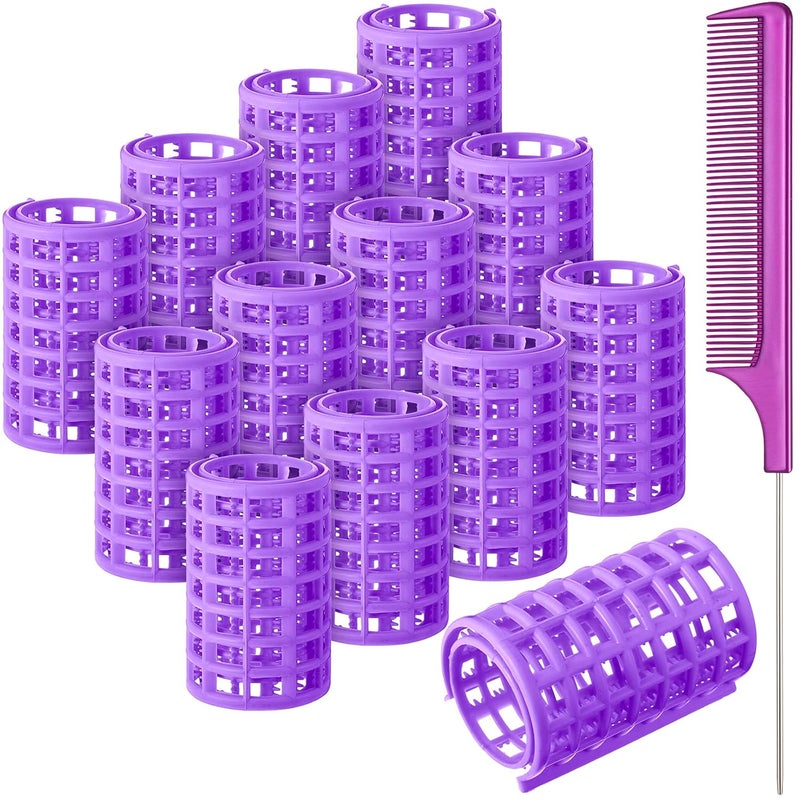 Syhood 12 Pieces Snap Hair Roller Large Size Plastic Hair Rollers Curlers with Rat Tail Comb for Hairdressing Styling Tools68 x 36 cmPurple