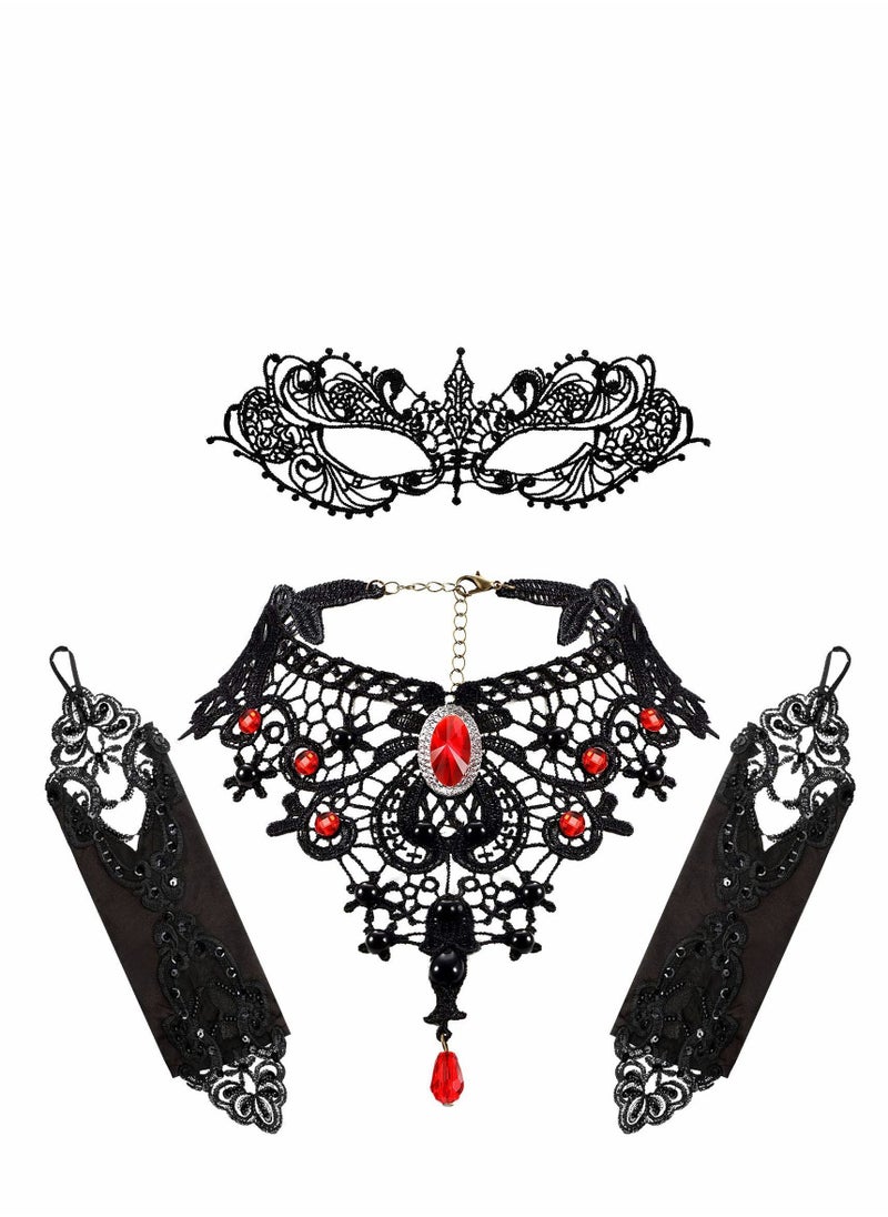 Excefore Masquerade Mask Set, Red Lace Choker Necklace, Gloves for Cosplay Party Decoration Women  - Image 1