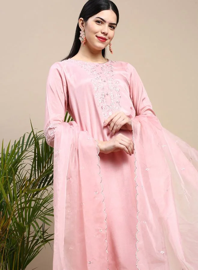 Styli Floral Embroidered Front Button Closure Kurta & Pocket Detail Pant with Dupatta Set