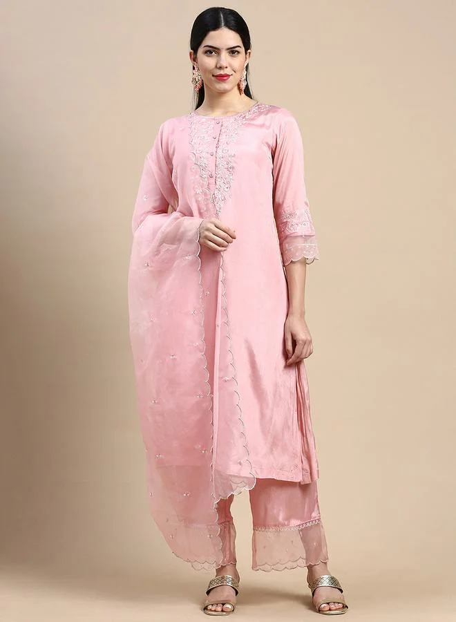 Styli Floral Embroidered Front Button Closure Kurta & Pocket Detail Pant with Dupatta Set
