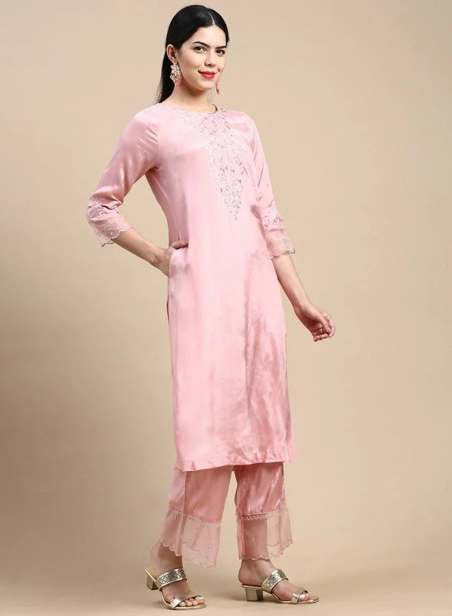 Styli Floral Embroidered Front Button Closure Kurta & Pocket Detail Pant with Dupatta Set