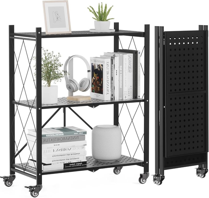 ALANNG Storage Shelves with Wheels, Bookshelf with Storage, No Assembly Metal Rack Shelf for Kitchen, Office, Laundry, Garage (3 Tier, Black) - Image 1