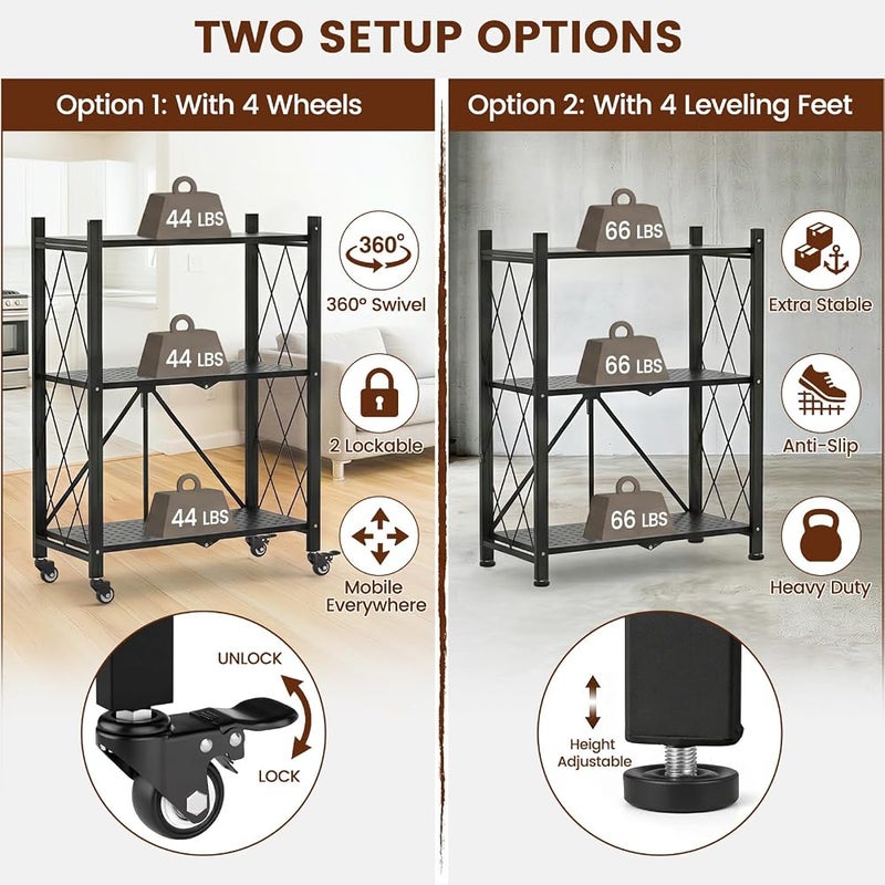 ALANNG Storage Shelves with Wheels, Bookshelf with Storage, No Assembly Metal Rack Shelf for Kitchen, Office, Laundry, Garage (3 Tier, Black) - Image 4