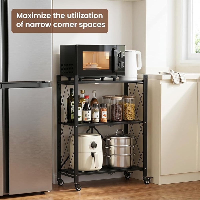 ALANNG Storage Shelves with Wheels, Bookshelf with Storage, No Assembly Metal Rack Shelf for Kitchen, Office, Laundry, Garage (3 Tier, Black) - Image 3