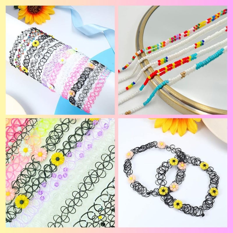 BodyJ4You 12PC Tattoo Choker Necklace for Women - 90s Choker Necklaces Y2K Fashion Trendy Vintage - Boho Beach Daisy Flower Pink Blue Rainbow Multicolor Stretchy Jewelry - Summer Style Gift Idea - Image 3
