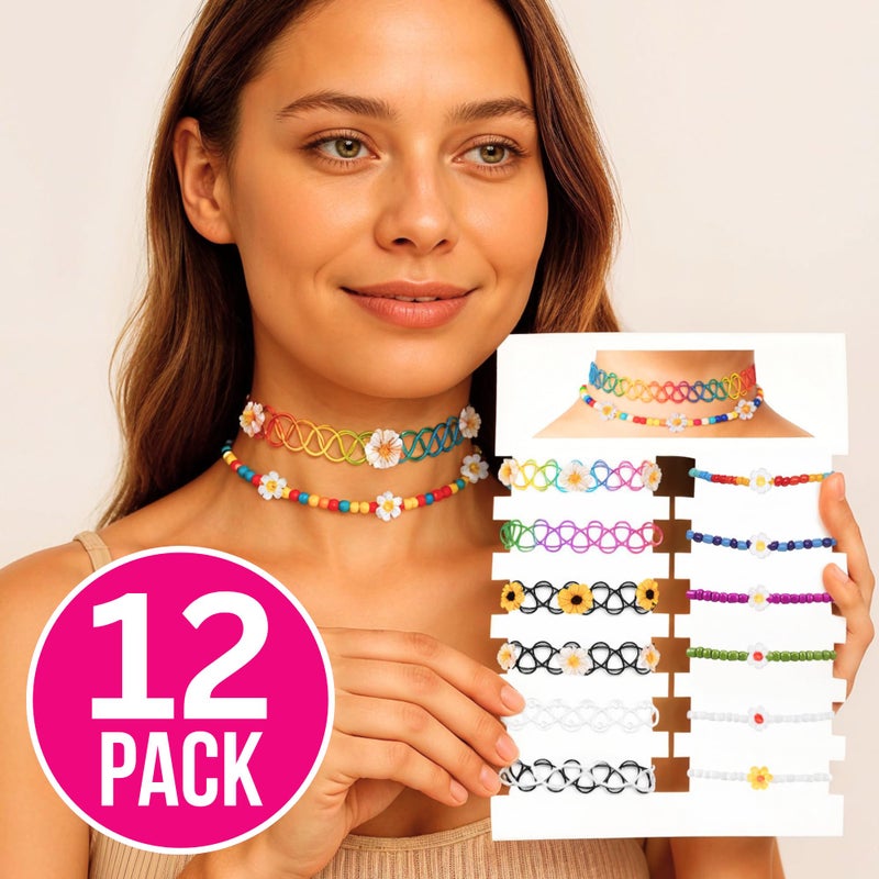 BodyJ4You 12PC Tattoo Choker Necklace for Women - 90s Choker Necklaces Y2K Fashion Trendy Vintage - Boho Beach Daisy Flower Pink Blue Rainbow Multicolor Stretchy Jewelry - Summer Style Gift Idea - Image 2