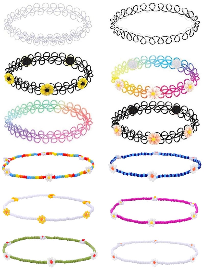 BodyJ4You 12PC Tattoo Choker Necklace for Women - 90s Choker Necklaces Y2K Fashion Trendy Vintage - Boho Beach Daisy Flower Pink Blue Rainbow Multicolor Stretchy Jewelry - Summer Style Gift Idea - Image 1
