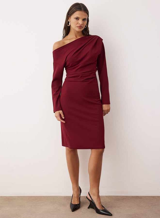 trendyol Burgundy Straight Midi Asymmetrical Collar Knitted Dress - Image 1