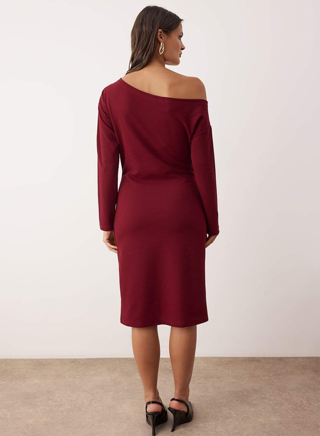 trendyol Burgundy Straight Midi Asymmetrical Collar Knitted Dress - Image 4