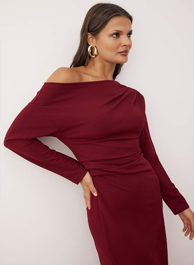 trendyol Burgundy Straight Midi Asymmetrical Collar Knitted Dress - Image 2
