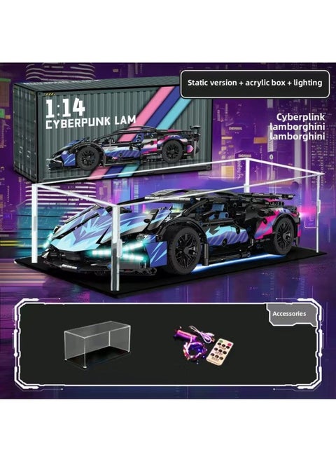 Cyberpunk Lamborgan Green Cow Building Blocks Black Samurai V12 Remote Control Car Boy Assembled Toy Car-Color:Container Version Cyber Purple Lambo Light + Display Box