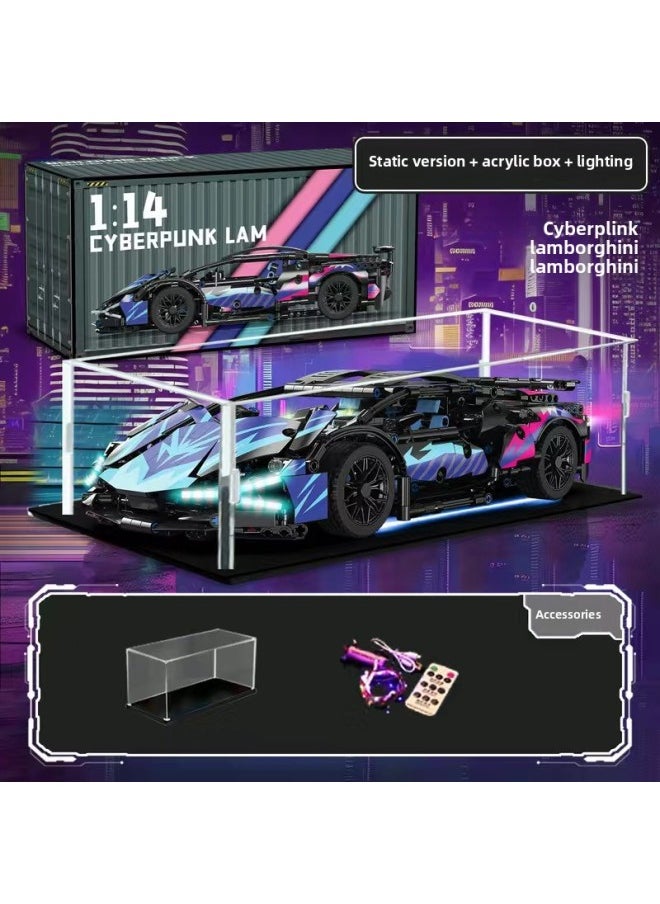 Cyberpunk Lamborgan Green Cow Building Blocks Black Samurai V12 Remote Control Car Boy Assembled Toy Car-Color:Container Version Cyber Purple Lambo Light + Display Box