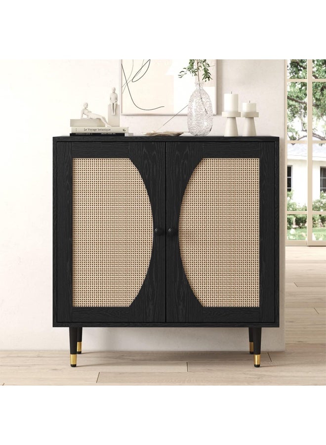 NKX Black Rattan Cabinet with 2 Doors & Boho Sideboard Storage Cabinet for Living Room, Kitchen & Entryway - Image 1