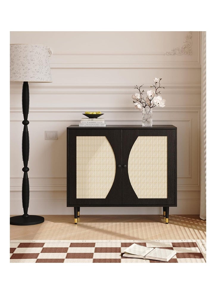 NKX Black Rattan Cabinet with 2 Doors & Boho Sideboard Storage Cabinet for Living Room, Kitchen & Entryway - Image 5