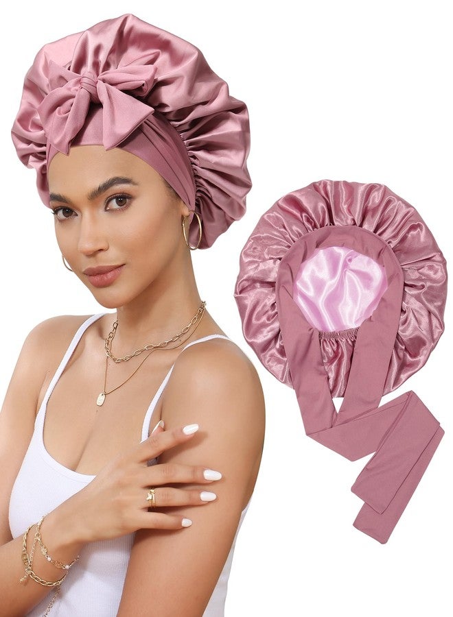CHLINS Satin Bonnet Silk Bonnet for Sleeping Silk Sleep Cap Double Layer Hair Bonnet with Elastic Tie Band for Curly Hair Night Cap (Bean Paste + Pink) - Image 1