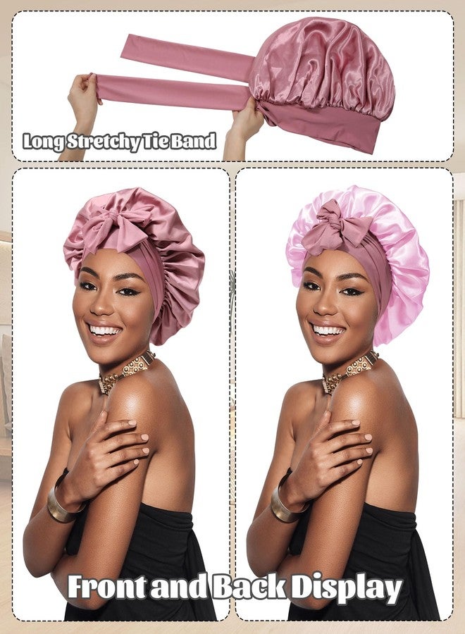 CHLINS Satin Bonnet Silk Bonnet for Sleeping Silk Sleep Cap Double Layer Hair Bonnet with Elastic Tie Band for Curly Hair Night Cap (Bean Paste + Pink) - Image 2