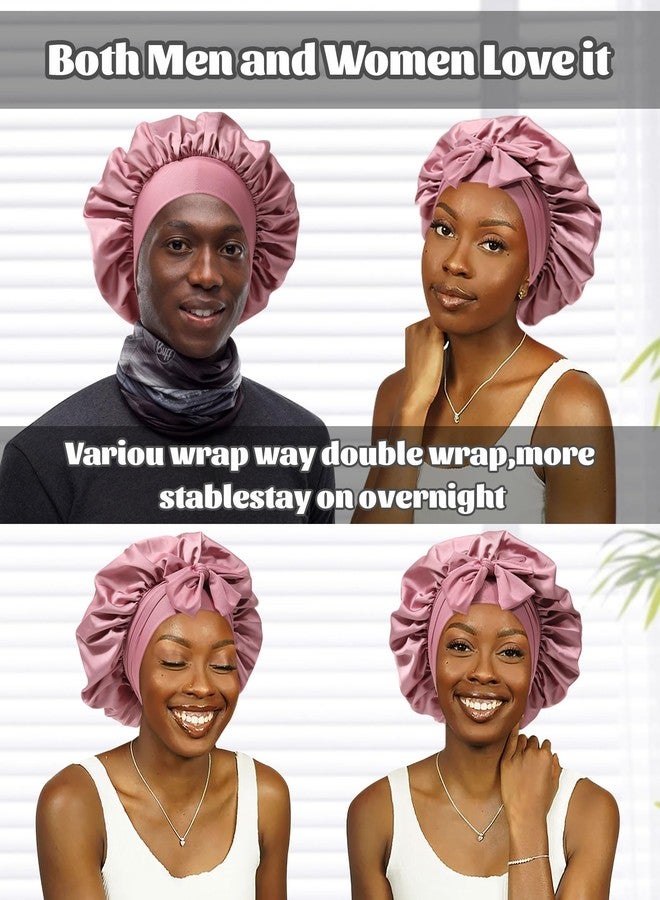 CHLINS Satin Bonnet Silk Bonnet for Sleeping Silk Sleep Cap Double Layer Hair Bonnet with Elastic Tie Band for Curly Hair Night Cap (Bean Paste + Pink) - Image 4