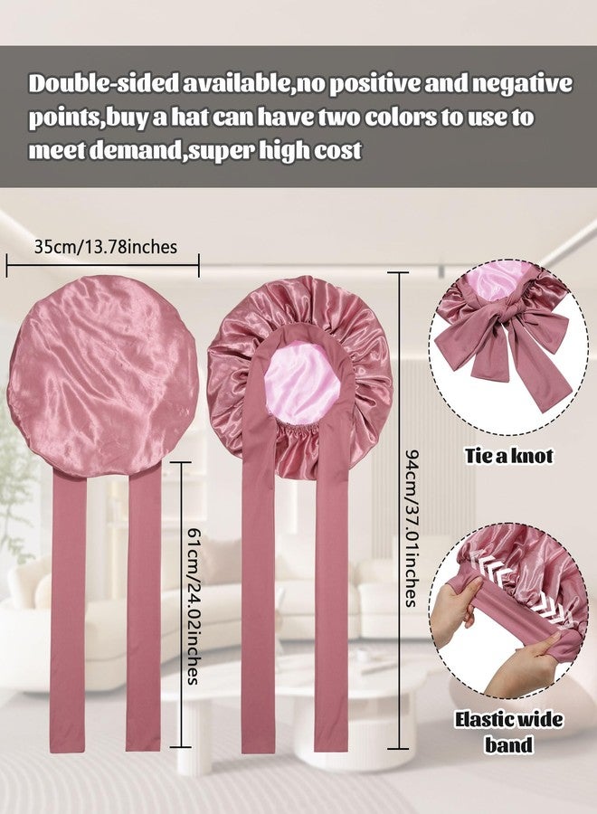 CHLINS Satin Bonnet Silk Bonnet for Sleeping Silk Sleep Cap Double Layer Hair Bonnet with Elastic Tie Band for Curly Hair Night Cap (Bean Paste + Pink) - Image 3