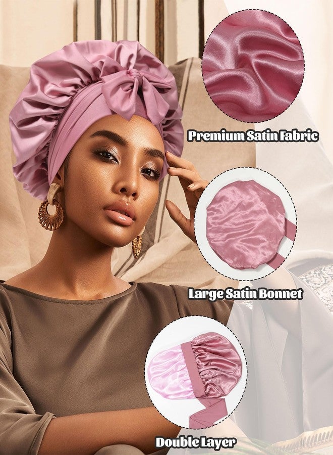 CHLINS Satin Bonnet Silk Bonnet for Sleeping Silk Sleep Cap Double Layer Hair Bonnet with Elastic Tie Band for Curly Hair Night Cap (Bean Paste + Pink) - Image 5