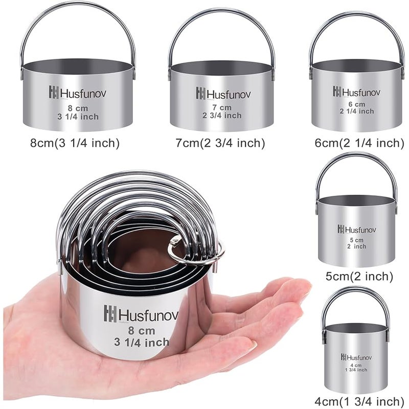 Husfunov Biscuit Cutter Set, Round Cookie Cutters with Handle, 5 Pieces Stainless Steel Circle Professional Baking Dough Tools for Cake | 5 Pieces Stainless Steel Circle Professional Baking Dough Tools for Cake - Image 2