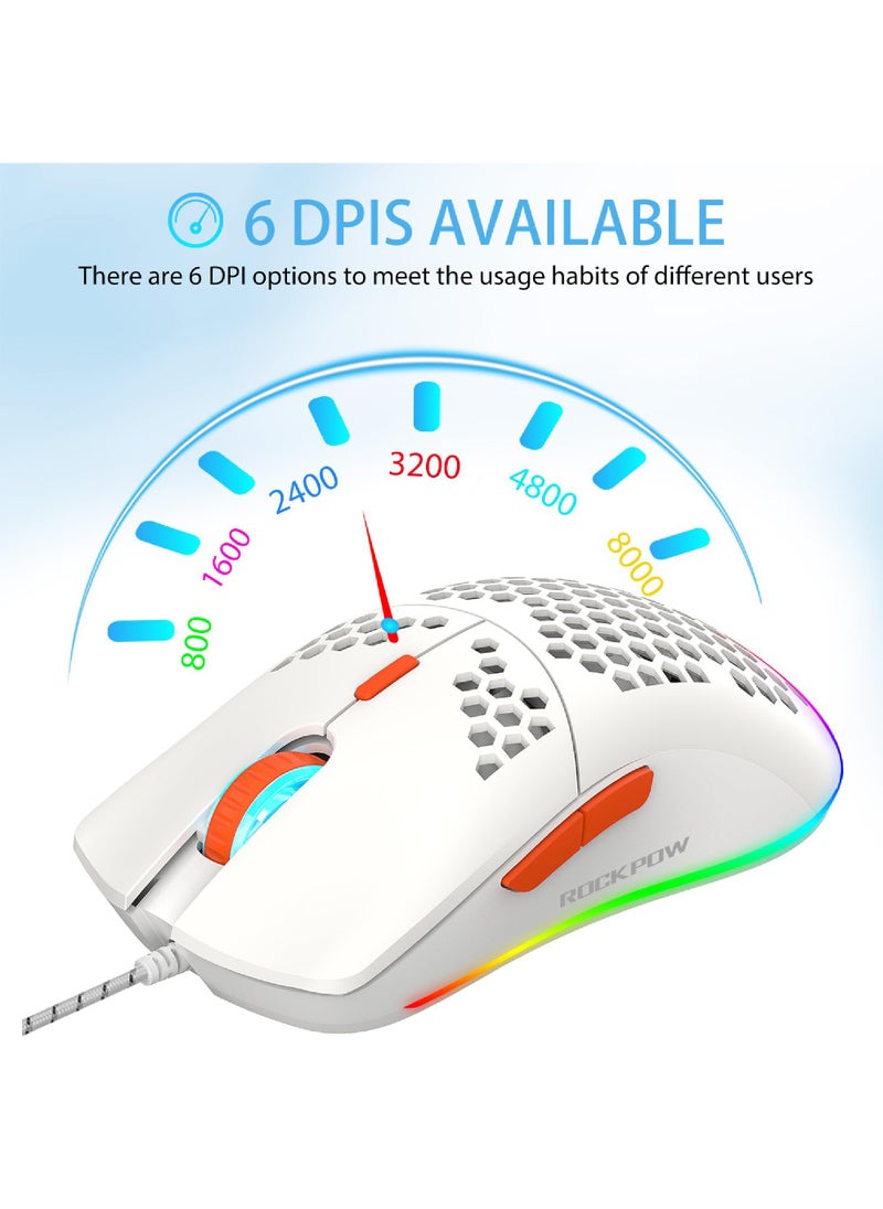 Rock Pow ROCK POW Honeycomb Gaming Mouse Ultralight High-Precision 8000 DPI Optical Sensor 6 Programmable Buttons RGB Ergonomic Wired RGB Gaming Mice for Mac Laptop Computer PC  - Image 3