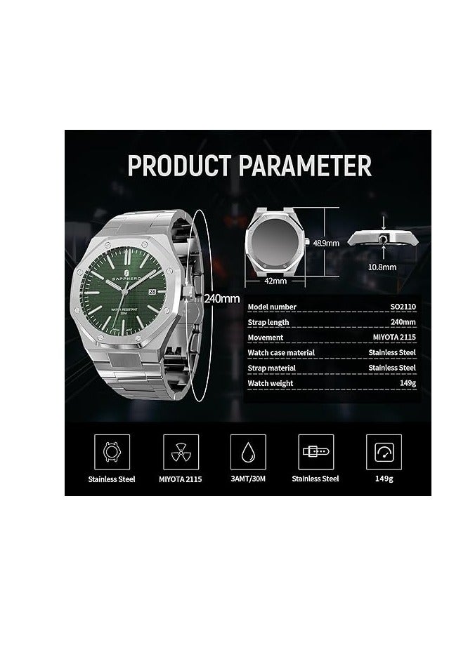 Sapphero ساعات رجالية 30 متر مقاومة للماء ساعات للرجال ساعة فضية من الفولاذ المقاوم للصدأ حركة كواتز يابانية أنالوج ثمانية الأضلاع تصميم بسيط فاخر كلاسيكي موضة ساعات معصم للرجال هدايا للرجال - Image 5