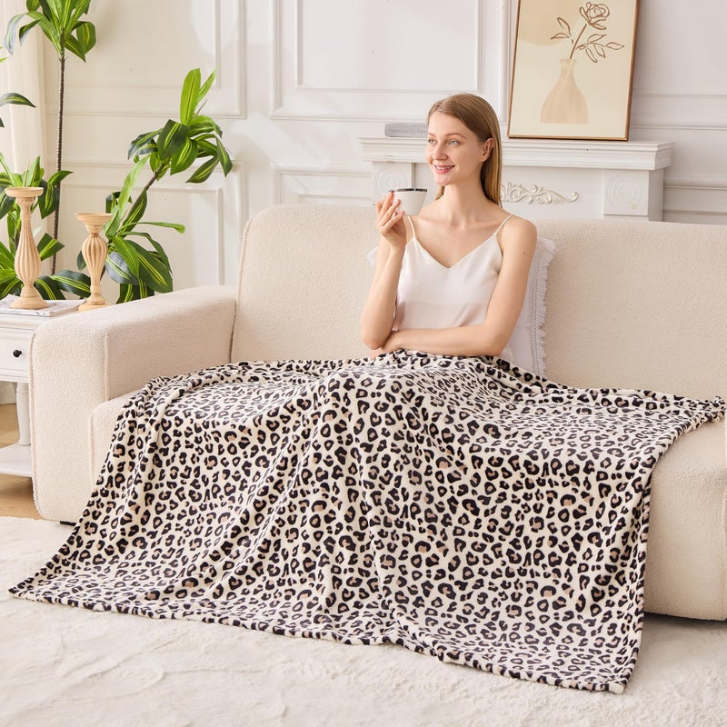 Edenleaf Leopard Print Blanket Fleece Throw for Bed Sofa Travel and Camping, Super Soft Cozy Fluffy Plush Cheetah Print Blanket for All Seasons 50"x60" (Cream) - Image 2
