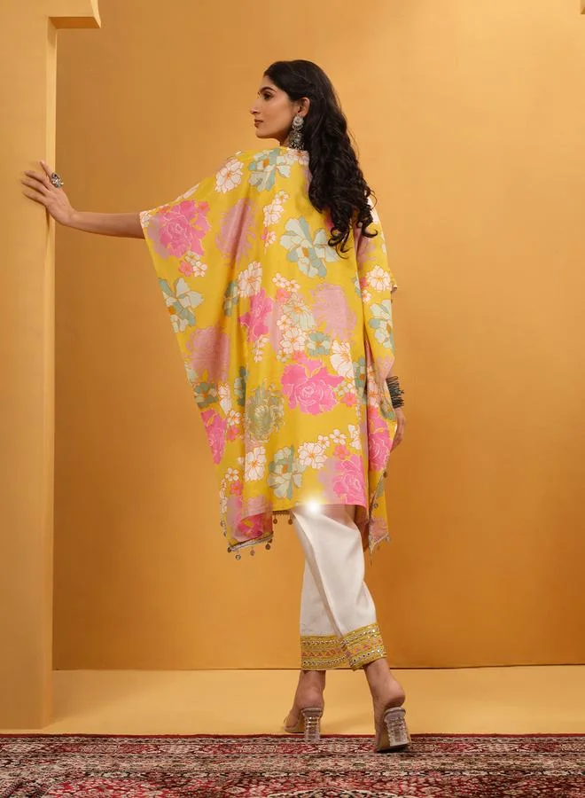 آي شين Women's Yellow Shantoon Embellished A-Line Kaftan Upperwear Calf Length Palazzo Bottomwear Flowy 2 Peice Kurta Set