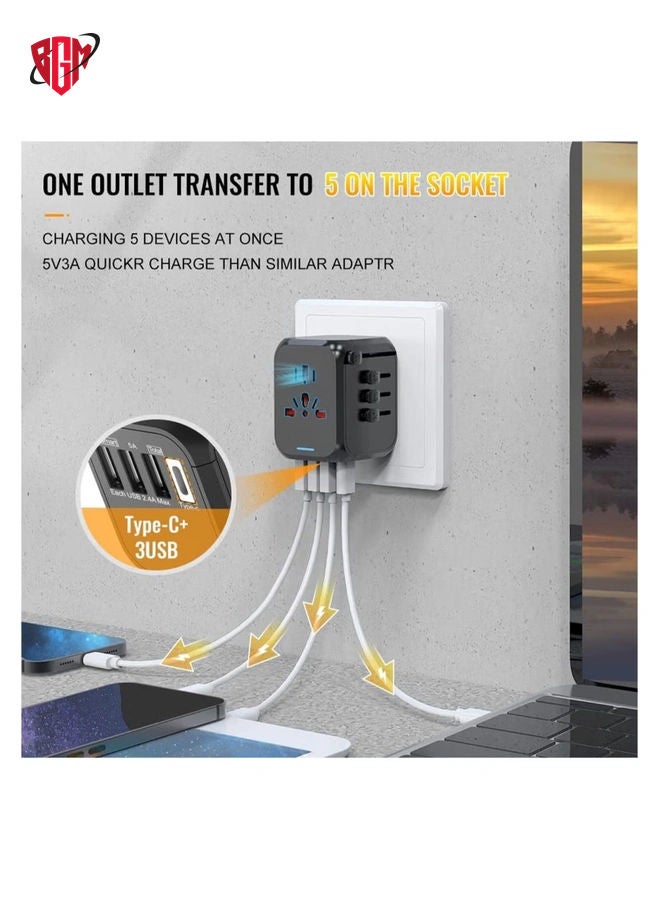 BGM Universal Travel Adapter Plug with 3 USB & 1 Type-C Port,Fast Wall Plug Adapter Socket with UK/EU/AU/US Plugs,Multiport Charger Plug Converter - Image 2