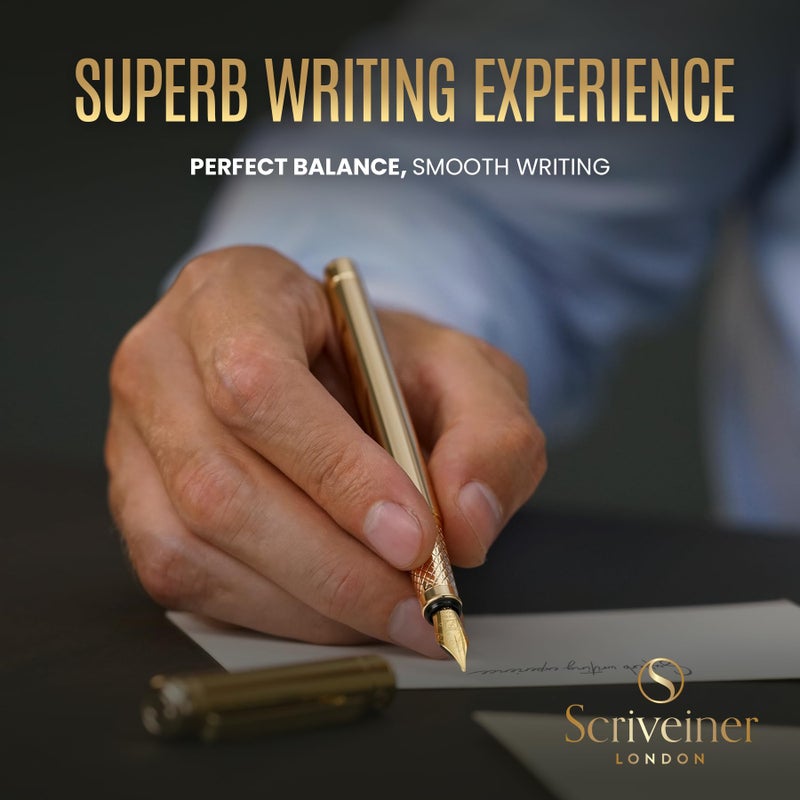 Scriveiner Luxury Fountain Pen - Stunning Gold Luxury Pen, Real Gold Finsih, Schmidt Gilded Nib (Medium), Converter, Best Pen Gift Set for Men & Women, Professional, Executive, Office, Nice Pens - Image 4