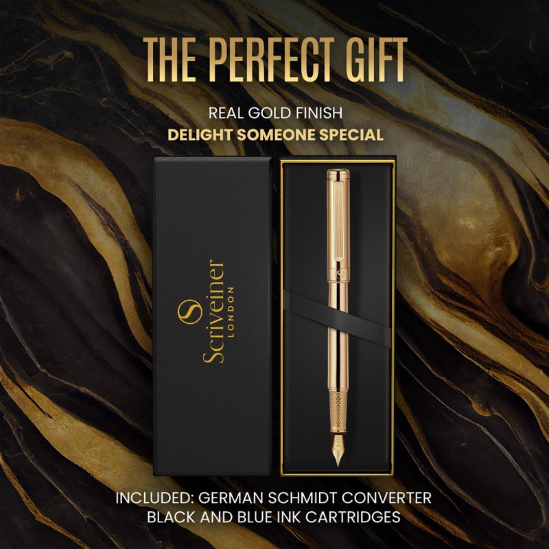Scriveiner Luxury Fountain Pen - Stunning Gold Luxury Pen, Real Gold Finsih, Schmidt Gilded Nib (Medium), Converter, Best Pen Gift Set for Men & Women, Professional, Executive, Office, Nice Pens - Image 3