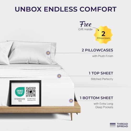 THREAD SPREAD 100% Egyptian Cotton King Size Sheets Set - 2000 Series Luxury King Bed Sheets (4 PC, White), Silky Soft & Cooling Sateen Weave, 17 Inch Extra Deep Pocket Hotel Collection Sheet Set - Image 3