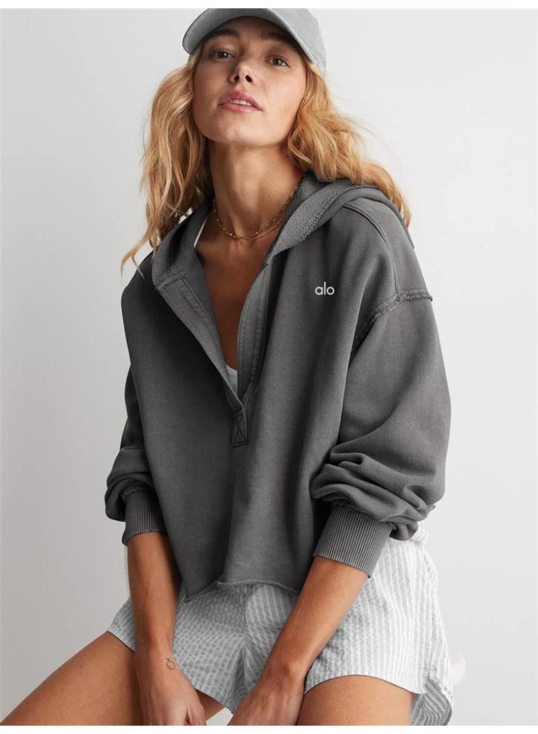 ALO sweatshirt women's pullover V-neck long sleeve top dropped shoulder sleeves knitted jacket fitness sports hooded yoga wear - Image 2