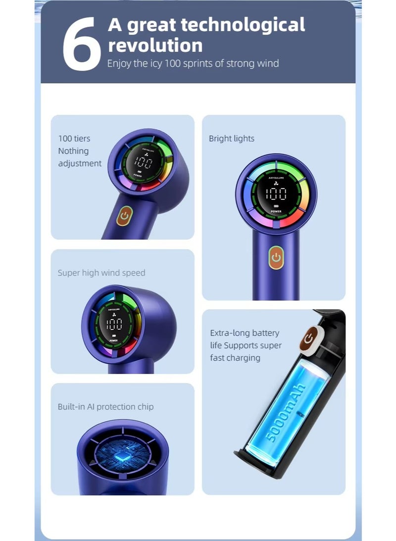 BlueFire Portable Handheld Mini USB Fan - 100-Speed Turbo Cooling, 3000mAh Battery, Foldable, Quiet Brushless Motor, Digital Display - Ideal for Travel, Office, Camping & Home Use - Black - Image 5