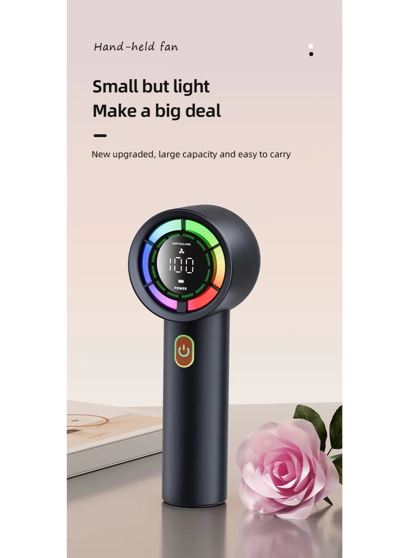 BlueFire Portable Handheld Mini USB Fan - 100-Speed Turbo Cooling, 3000mAh Battery, Foldable, Quiet Brushless Motor, Digital Display - Ideal for Travel, Office, Camping & Home Use - Black - Image 2