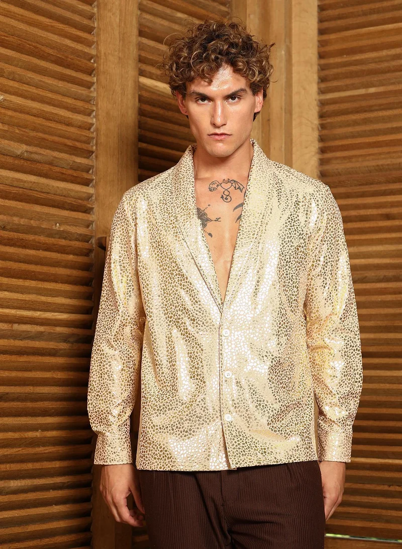 كامبوس سوترا قميص كامبس سوترا رجالي بيج ميتاليك بياقة شال واسع كاجوال