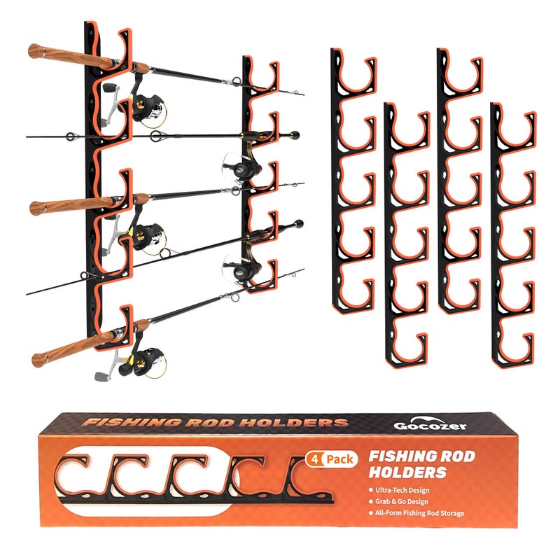 Gocozer Fishing Rod Holder for Garage, H5 Wall or Ceiling Mounted Fishing Pole Holders with Soft Protective Pad, Fishing Rod Storage Organizer, Horizontal Fishing Rod Wall Mount Nets Storage (4 PACK) - Image 1