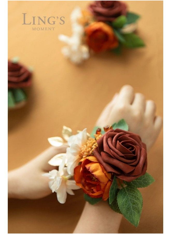 Ling's moment Burnt Orange Wrist Corsages For Wedding(Set Of 6) Corsages For Prom Mother Of Bride And Groom Prom Flowers  - Image 4