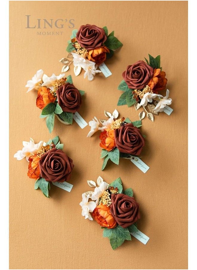 Ling's moment Burnt Orange Wrist Corsages For Wedding(Set Of 6) Corsages For Prom Mother Of Bride And Groom Prom Flowers  - Image 3