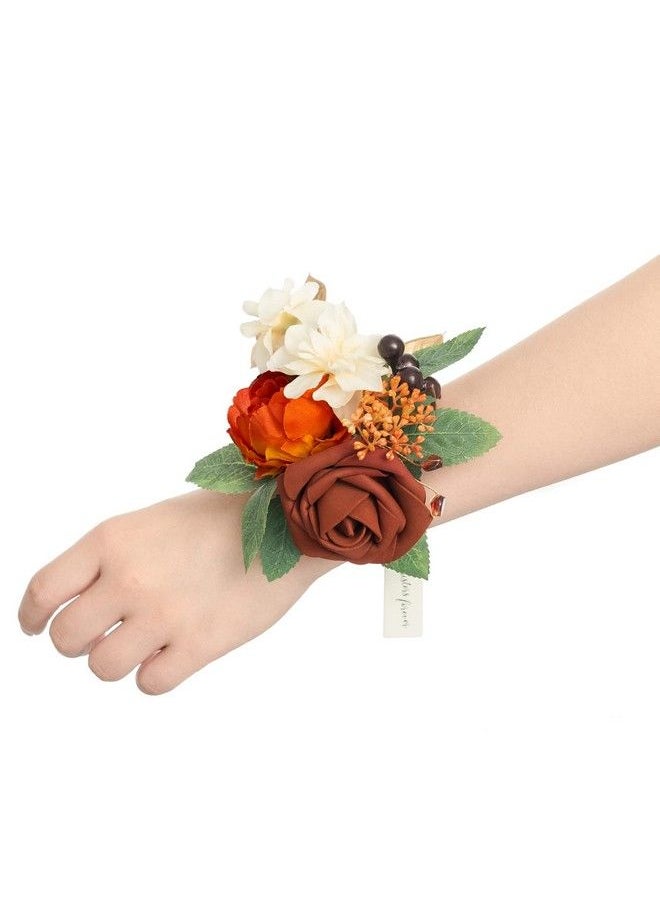 Ling's moment Burnt Orange Wrist Corsages For Wedding(Set Of 6) Corsages For Prom Mother Of Bride And Groom Prom Flowers  - Image 1