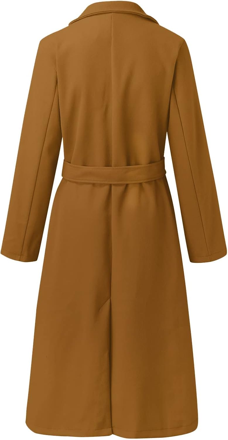 woobles Women's Faux Wool Notch Lapel Double Breasted Trench Belted Mid Long Outwear Winter Coat Slim Long Pea Coat Overcoat Medium 004-khaki - Image 3