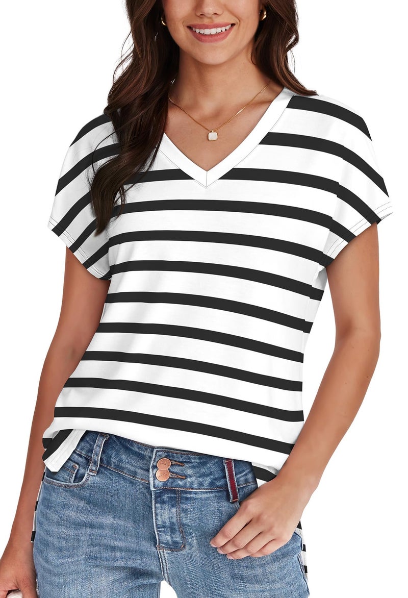 WIHOLL Womens Summer Basic Tops Business Casual Loose Fit V Neck Striped T Shirts Short Sleeve Summer Cute Outfits Dressy Soft Clothing Trendy 2026 Fashion Flowy Vacation Tee L - Image 2